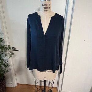 THEORY Navy Blue Silk Blouse with Peekaboo Arms Size Large